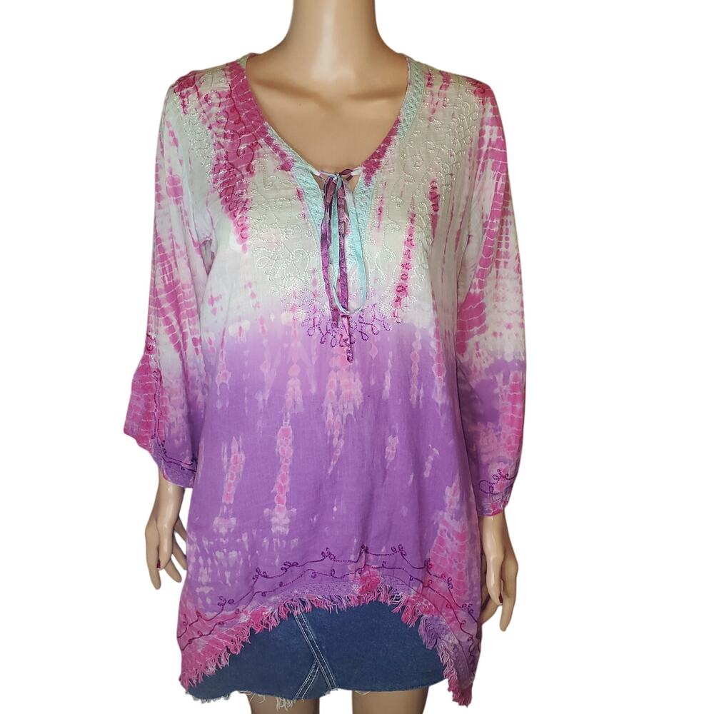 Bhags Boho Tie Dye Embroidered Cotton Tunic Swim Cover Hanky Hem S/M TINY FLAW